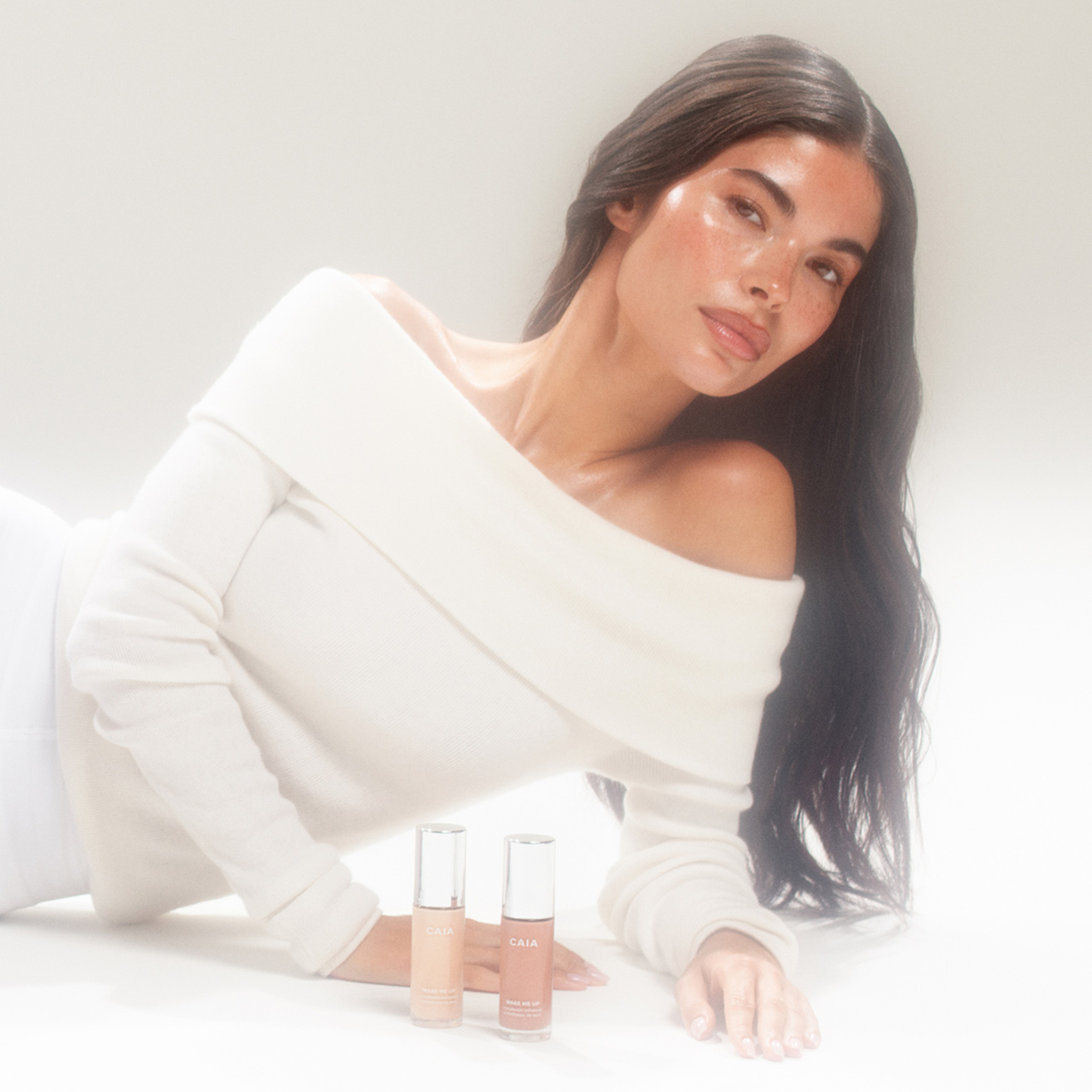 Woman wearing Wake me up complexion enhancer